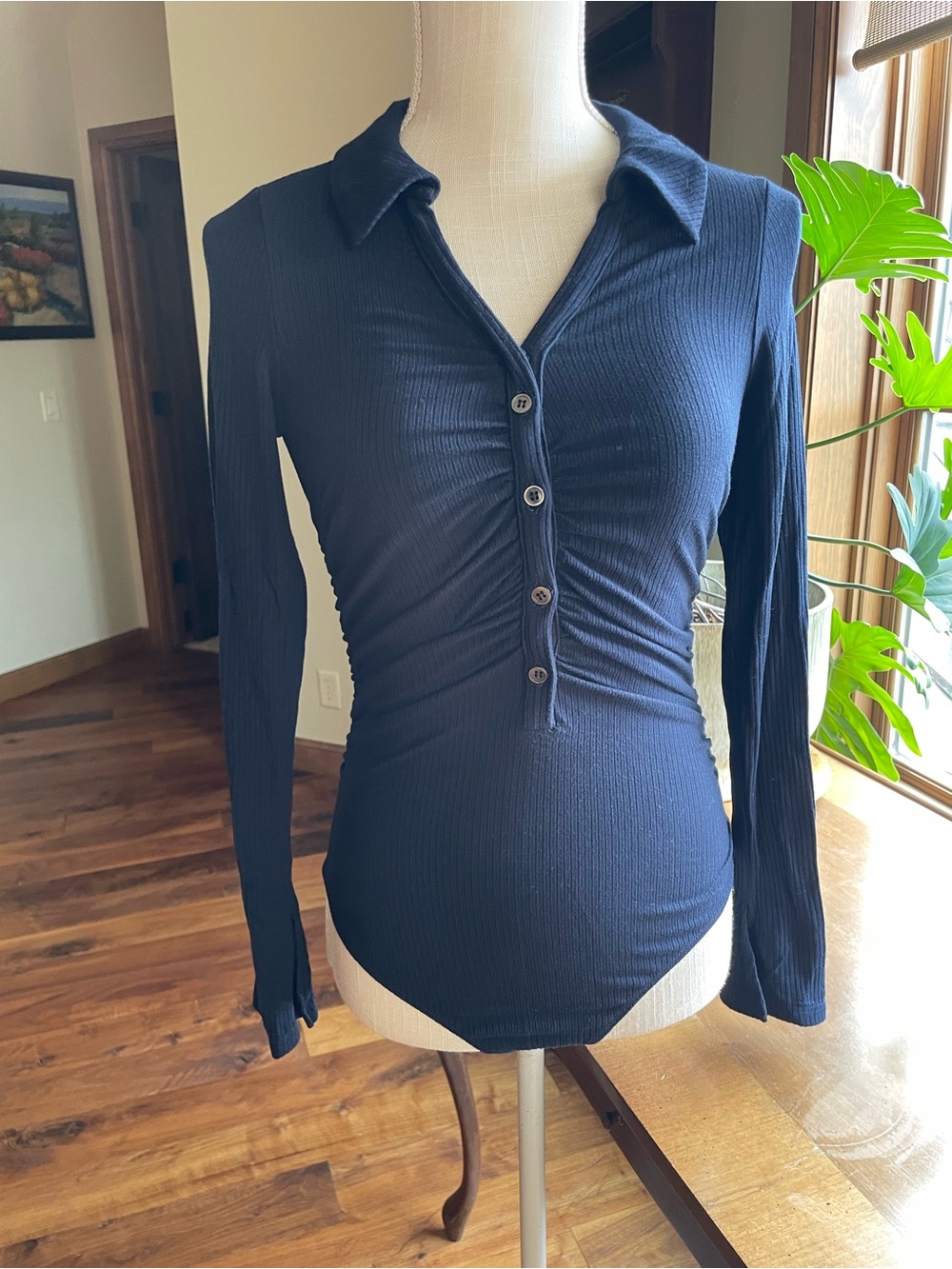 Jonathan Simkhai Navy Ribbed Button-Up Ruched V Neck Long Sleeve Bodysuit size S